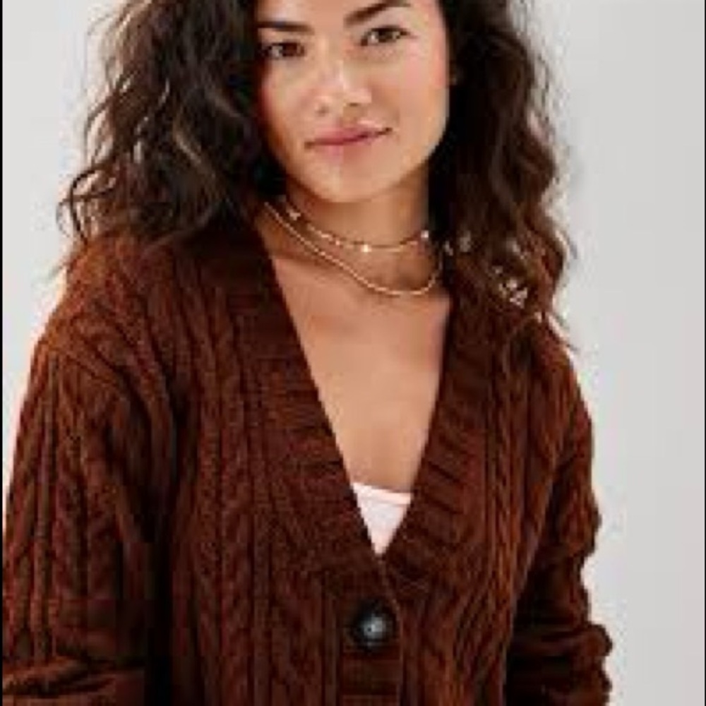 AMERICAN EAGLE Brown Cable Knit Cardigan